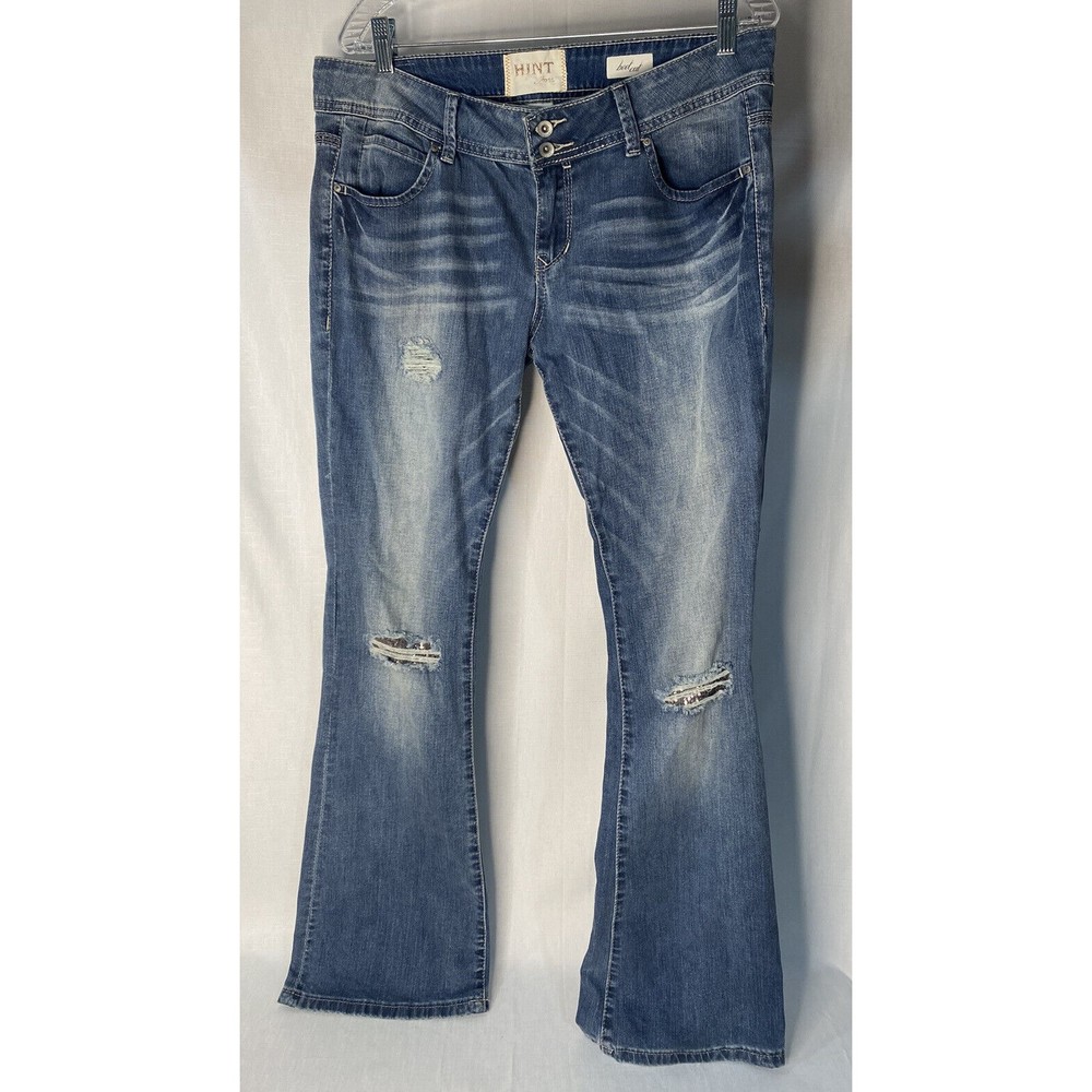 Hint Jeans Womens Sz 31 Blue Denim Pants Jeans Distressed Boot Cut Sequins Y2K
